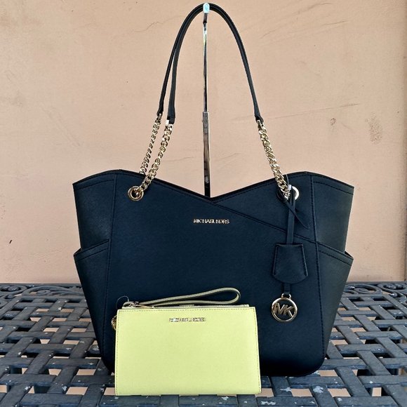 Michael Kors Jet Set Large Chain Tote Bag + Double Zip Wallet Black Yellow - Picture 1 of 16